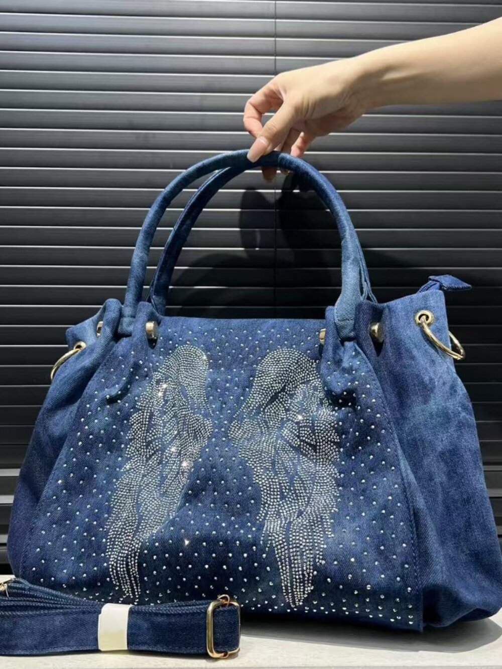 Y2K Rhinestone Angel Wings Denim Hobo Bag | Grunge Blue Jean Shoulder Purse Tote
